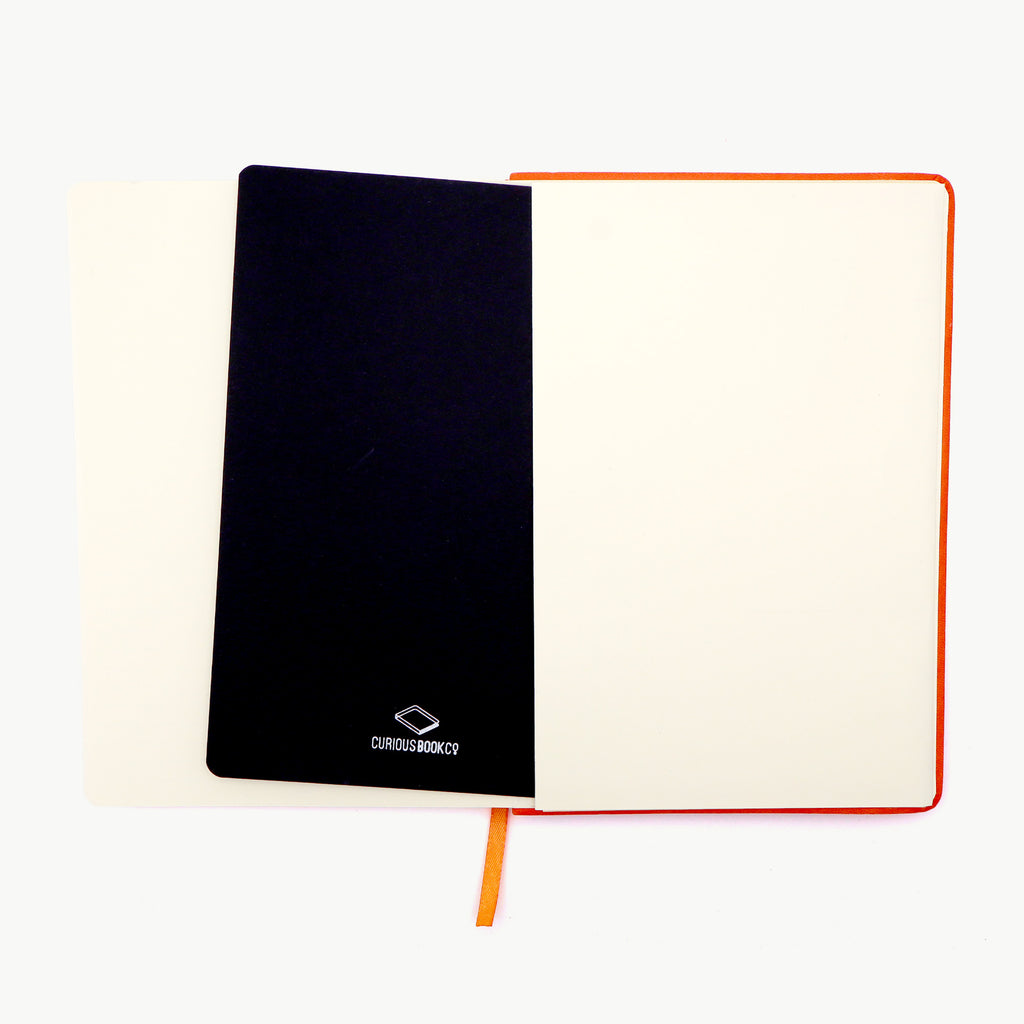 Open notebook with black cover and orange binding on a white background